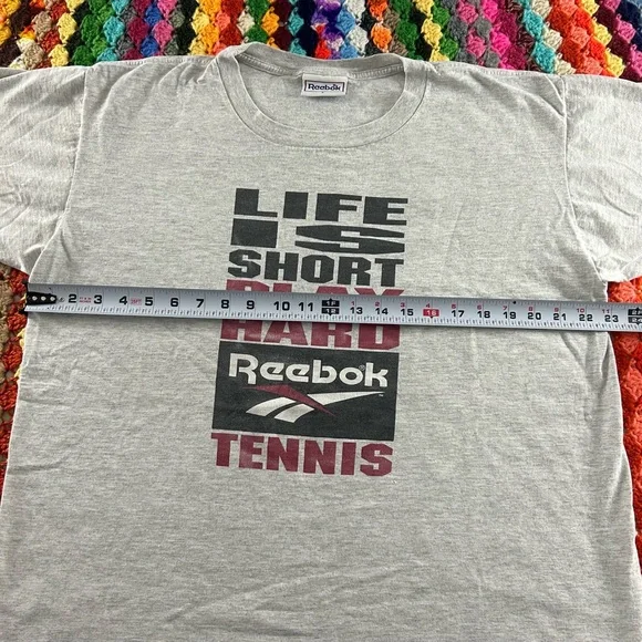 Vintage 90s Reebok Single Stitch Life Is Short Play Hard Tennis Tee Unis… - Picture 8 of 13